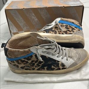 Golden Goose Midstars Leopard with black star, blue accents & suede toe size 40